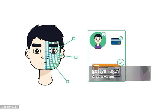 single asian man using facial recognition and 5g to validate an entry ticket. - facial recognition technology graphics stock illustrations