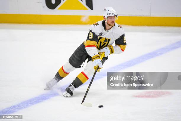 Vegas Golden Knights center Jack Eichel moves the puck during Game Four of the NHL Stanley Cup Final between the Vegas Golden Knights and the Florida...