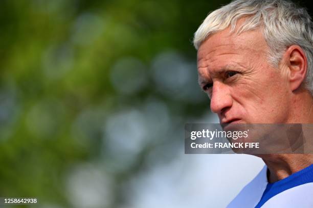 France's head coach Didier Deschamps arrives for a training session ahead of the upcoming UEFA Euro 2024 football tournament qualifying matches in...