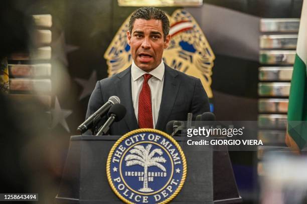 Miami Mayor Francis Suarez speaks during a press conference at the City of Miami Police Department in Miami, Florida, on June 12 regarding the city's...