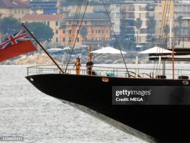 Lauren Sanchez and Jeff Bezos are seen on Jeff Bezos' yacht on June 12, 2023 in Portofino, Italy.