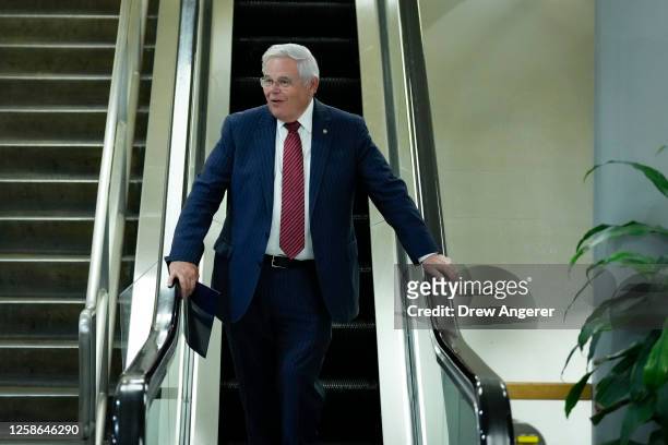 Sen. Bob Menendez walks through the Senate subway after a nomination vote at the U.S. Capitol on June 12, 2023 in Washington, DC. The Senate is...