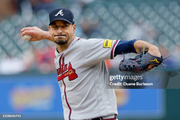 Charlie Morton of the Atlanta Braves pitches against the Detroit Tigers in the second inning at Comerica Park on June 12, 2023 in Detroit, Michigan.