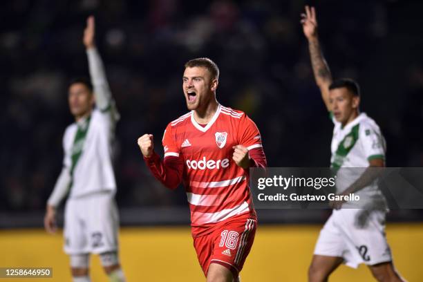 Lucas Beltran of River Plate celebrates after scoring the team's third goal during a Liga Profesional 2023 match between Banfield and River Plate at...