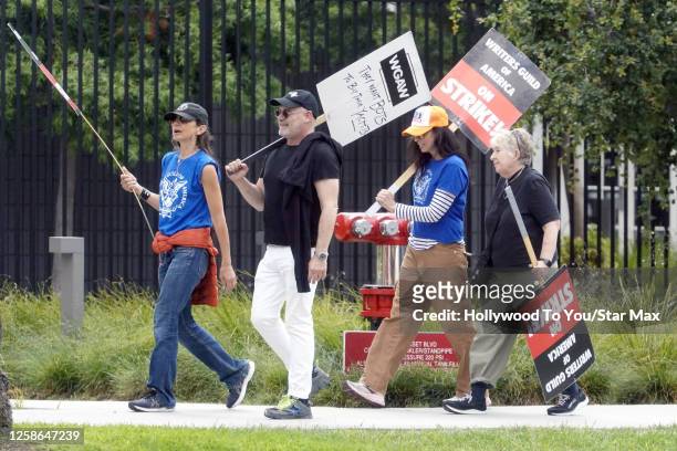 Justine Bateman and Sarah Silverman are seen at a Writers Guild of America strike on June 12, 2023 in Los Angeles, California.