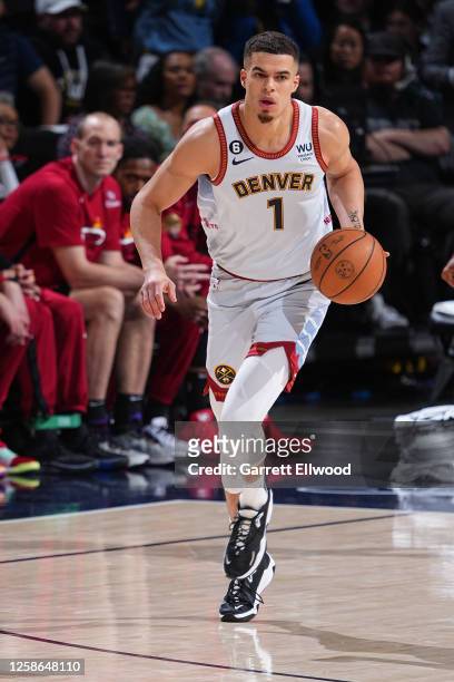Michael Porter Jr. #1 of the Denver Nuggets dribbles the ball against the Miami Heat during Game Five of the 2023 NBA Finals on June 12, 2023 at Ball...