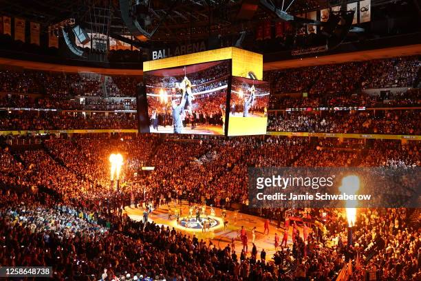 General view of the court before game 5 of the 2023 NBA Finals between the Miami Heat and Denver Nuggets on June 12, 2023 at the Ball Arena in...