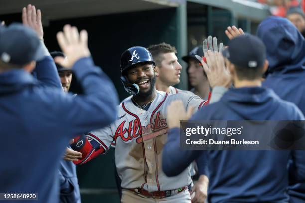 Michael Harris II of the Atlanta Braves celebrates after hitting a solo home run against the Detroit Tigers in the eighth inning at Comerica Park on...