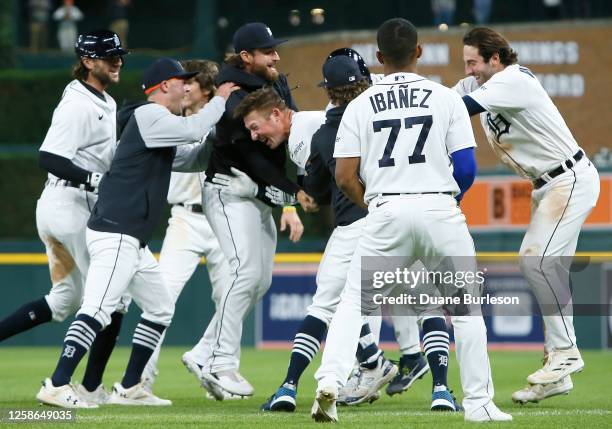 Spencer Torkelson of the Detroit Tigers celebrates his RBI single in the 10th inning to drive in Andy Ibanez for a 6-5 win over the Atlanta Braves at...