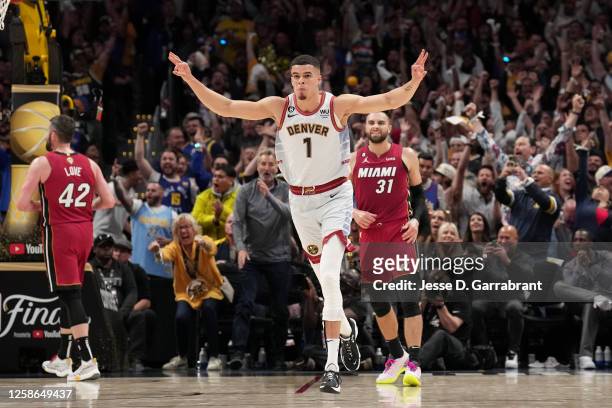 Michael Porter Jr. #1 of the Denver Nuggets celebrates a play during Game Five of the 2023 NBA Finals on June 12, 2023 at Ball Arena in Denver,...
