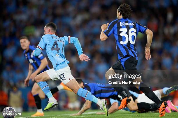 Phil Foden of Manchester City FC speeds towards goal during the UEFA Champions League Final 2023 between Manchester City FC and FC Internazionale...