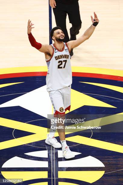 Jamal Murray of the Denver Nuggets reacts after winning game 5 of the 2023 NBA Finals against the Miami Heat on June 12, 2023 at the Ball Arena in...