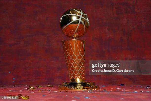 Portrait of the Larry O'Brien Trophy after Game Five of the 2023 NBA Finals on June 12, 2023 at Ball Arena in Denver, Colorado. NOTE TO USER: User...