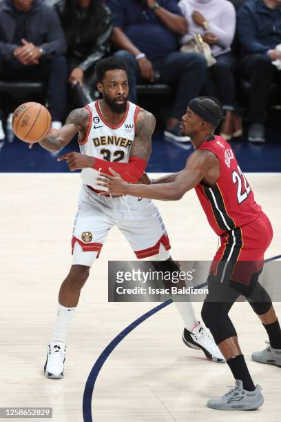 Jeff Green of the Denver Nuggets passes the ball during game 5 of the 2023 NBA Finals against the Miami Heat on June 12, 2023 at the Ball Arena in...