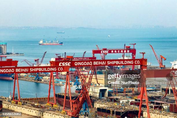 Aerial photo shows the Haixiwan Marine Industry Base of the West Coast New Area in Qingdao, East China's Shandong Province, Feb 2, 2023. In recent...