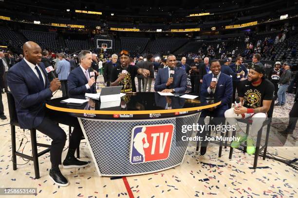 Kentavious Caldwell-Pope and Bruce Brown of the Denver Nuggets talks with NBA TV analysts Brendan Haywood, Matt Winer, Dennis Scott, and Isiah Thomas...