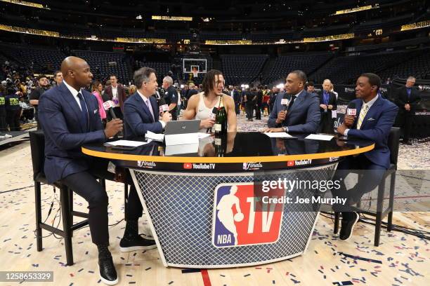 Aaron Gordon of the Denver Nuggets talks with NBA TV analysts Brendan Haywood, Matt Winer, Dennis Scott, and Isiah Thomas after Game Five of the 2023...