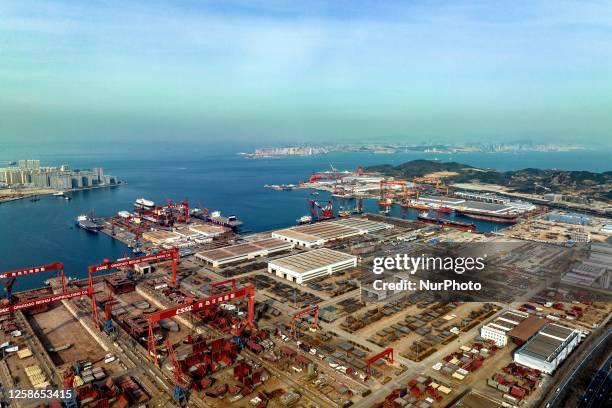 Aerial photo shows the Haixiwan Marine Industry Base of the West Coast New Area in Qingdao, East China's Shandong Province, Feb 2, 2023. In recent...