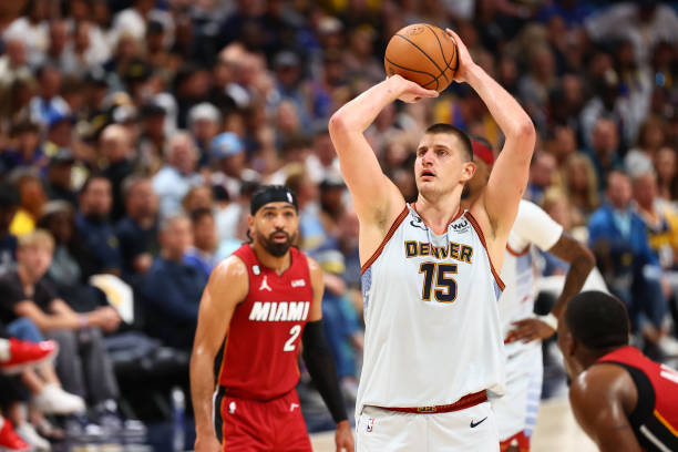 Nikola Jokic of the Denver Nuggets shoots a free throw during game 5 of the 2023 NBA Finals against the Miami Heat on June 12, 2023 at the Ball Arena...