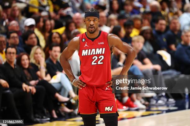 Jimmy Butler of the Miami Heat looks on during game 5 of the 2023 NBA Finals against the Denver Nuggets on June 12, 2023 at the Ball Arena in Denver,...