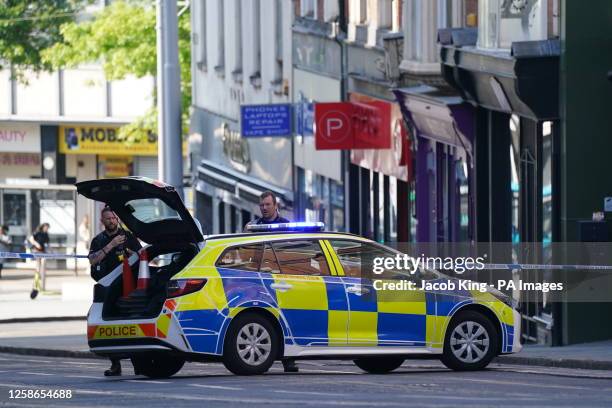 Police officers in Nottingham city centre, as police have put in place multiple road closures in Nottingham as officers deal with an ongoing serious...