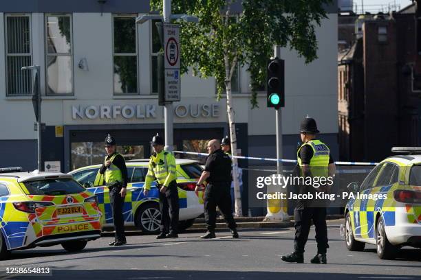 Police officers in Nottingham city centre, as police have put in place multiple road closures in Nottingham as officers deal with an ongoing serious...