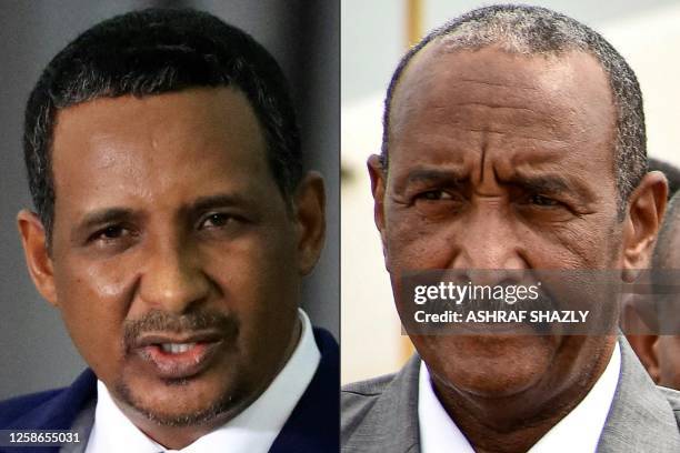 This combination of pictures shows Sudan's army chief, Lieutenant-General Abdel Fattah al-Burhan in Juba on October 2019; and Mohamed Hamdan Daglo ,...