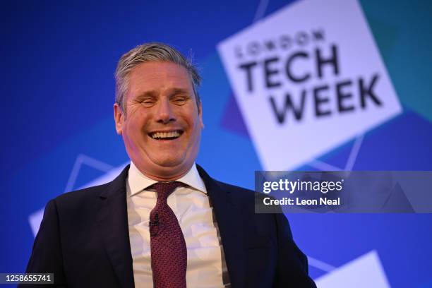 Keir Starmer, Leader of the Labour Party, laughs as he speaks during the London Tech Conference at The Queen Elizabeth II Conference Centre on June...