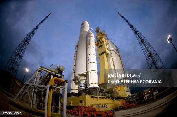 Picture released on March 8, 2008 by the European Space Agency shows Ariane-5 rocket on the launch pad at the Kourou space center in French Guiana,...