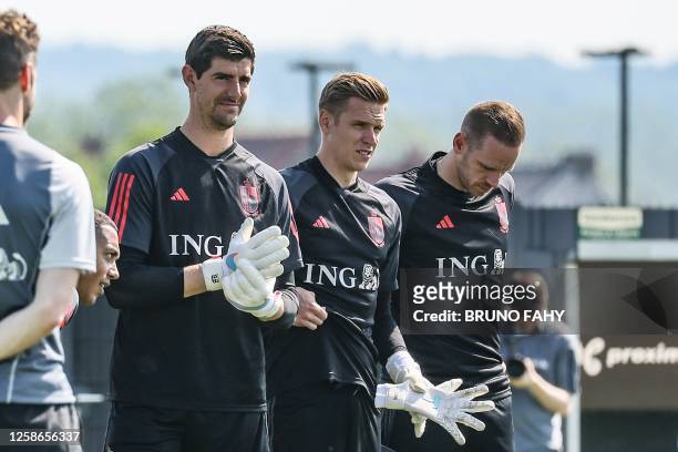 Goalkeeper Thibaut Courtois, Belgium's goalkeeper Thomas Kaminski and Belgium's goalkeeper Matz Sels pictured during a training session of Belgian...