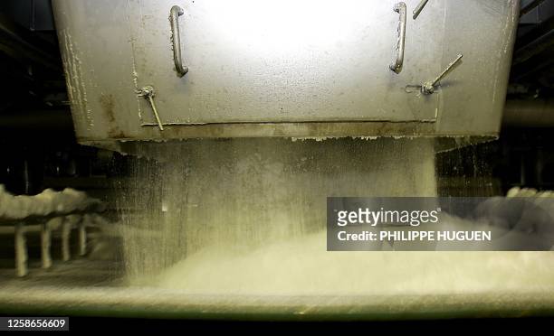 Le sucre en poudre sort d'une centrifugeuse le 20 octobre 2005 dans la sucrerie d'Origny à Origny Sainte-Benoite prés de Saint-Quentin. Caster sugar...