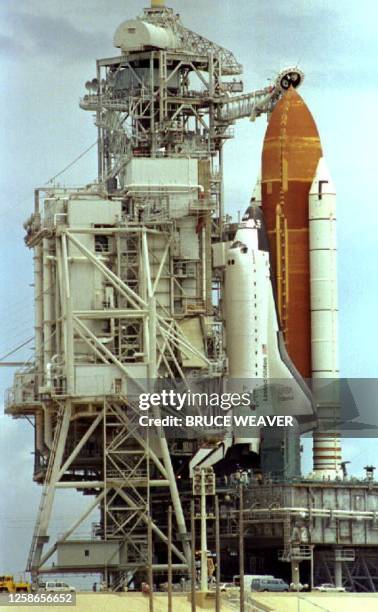 The rotating service structure on launch pad 39-B rolls back to reveal the Shuttle Endeavour 19 June, 1993 in Kennedy Space Center, FL as NASA...