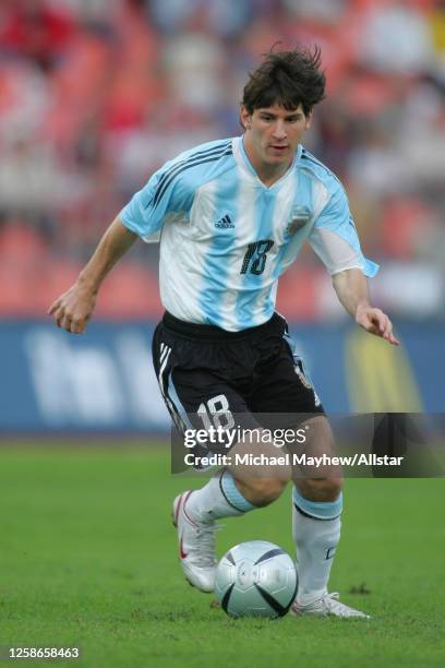 August 17: Lionel Messi of Argentina on the ball during the international friendly match between Hungary and Argentina at the Puskas Ferenc Stadion...