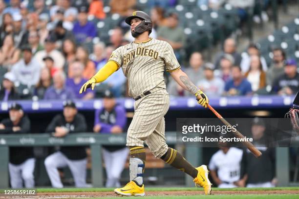 San Diego Padres catcher Gary Sanchez follows the flight of a second inning two-run homerun during a game between the San Diego Padres and the...