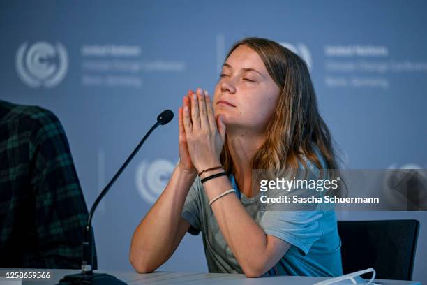 Swedish climate activist Greta Thunberg takes part in a Press Conference at the UNFCCC SB58 Bonn Climate Change Conference on June 13, 2023 in Bonn,...