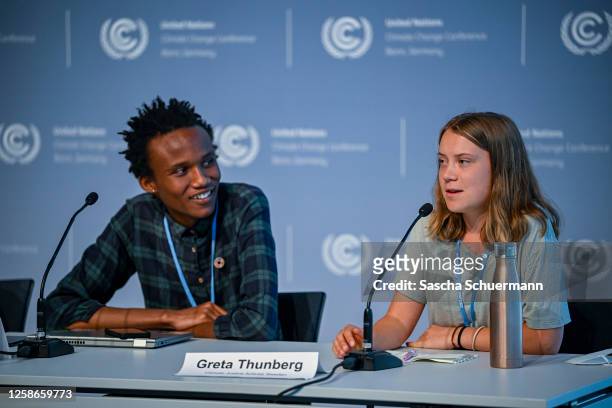 Swedish climate activist Greta Thunberg and Climate justice organizer from Kenya, Eric Njuguna take part in a Press Conference at the UNFCCC SB58...