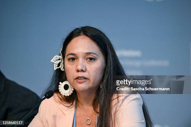 Climate Envoy for the Republic of the Marshall Islands Tina Stege, takes part in a Press Conference at the UNFCCC SB58 Bonn Climate Change Conference...