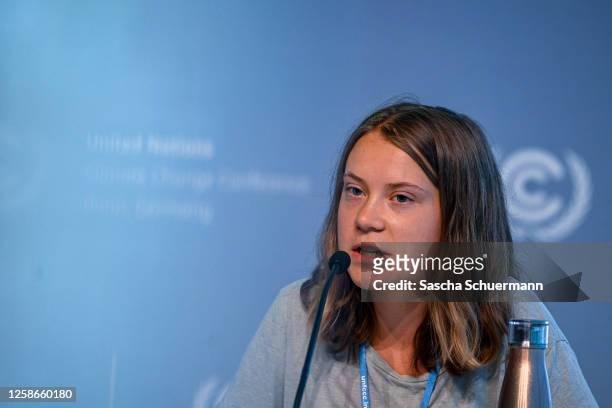 Swedish climate activist Greta Thunberg takes part in a press conference at the UNFCCC SB58 Bonn Climate Change Conference on June 13, 2023 in Bonn,...