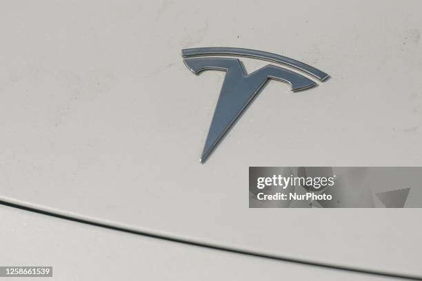 Tesla logo seen on a new Tesla car, on display along the Seine River during the eighth edition of Rouen Armada 2023, in Rouen, France, on June 09,...