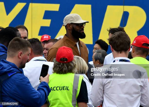 Basketball Superstar LeBron James looks on during the 100th anniversary of the 24 Hours of Le Mans at the Circuit de la Sarthe June 10, 2023 in Le...