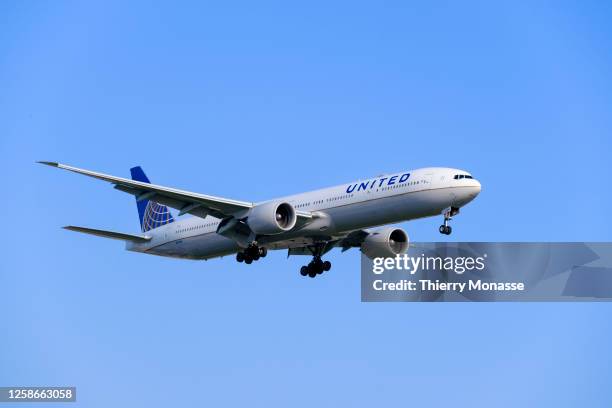 Boeing 777-300ER from United Airlines is on her way to land in Zaventem airport on June 13; 2023 in Diegem, Belgium. After two difficult years, due...