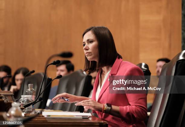 Sen. Katie Britt listens during a Senate Banking Committee hearing on Capitol Hill on June 13, 2023 in Washington, DC. The committee held the hearing...
