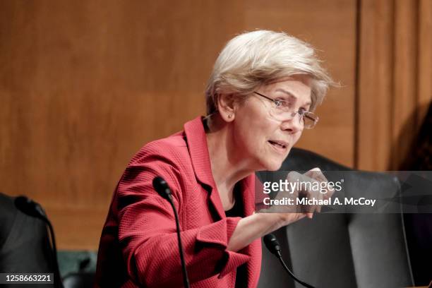 Sen. Elizabeth Warren speaks during a Senate Banking Committee hearing on Capitol Hill on June 13, 2023 in Washington, DC. The committee held the...