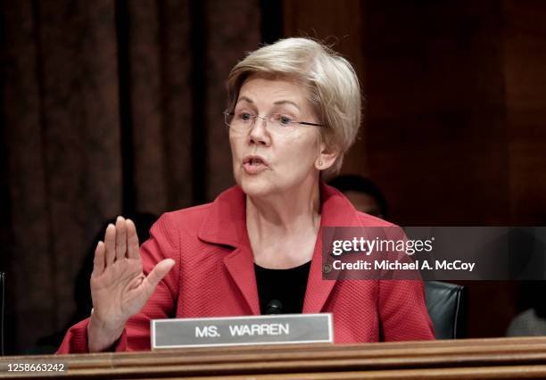 Sen. Elizabeth Warren speaks during a Senate Banking Committee hearing on Capitol Hill on June 13, 2023 in Washington, DC. The committee held the...