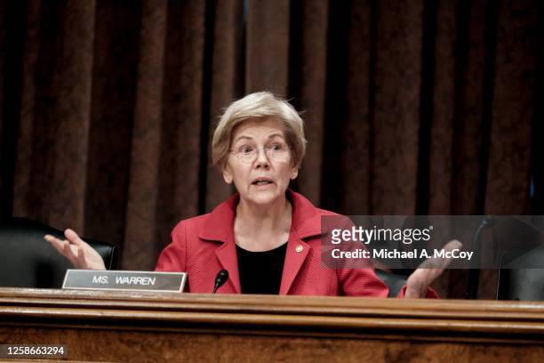 Sen. Elizabeth Warren speaks during a Senate Banking Committee hearing on Capitol Hill on June 13, 2023 in Washington, DC. The committee held the...