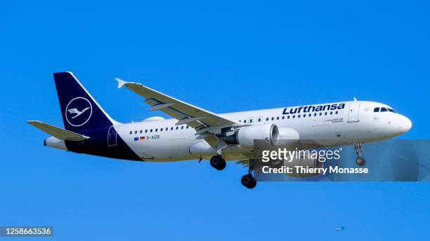 An Airbus A320-214 from Lufthansa is on her way to land in Zaventem airport on June 13; 2023 in Diegem, Belgium. After two difficult years, due to...