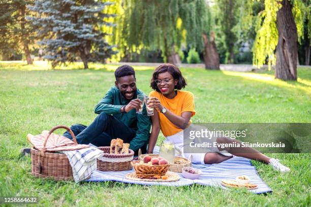 young black couple on picnic in the park. - romance stock pictures, royalty-free photos & images