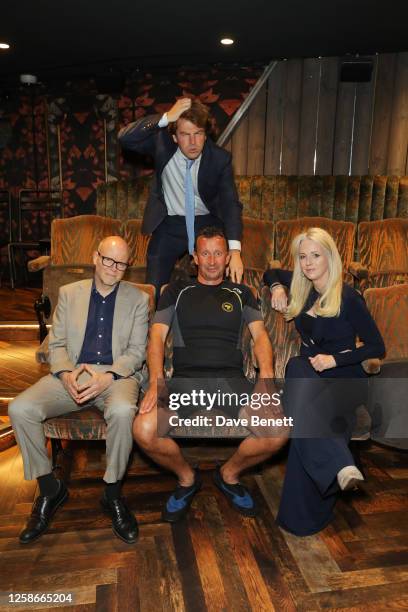 Toby Young, Adam Drew as Boris Johnson, Adrian McGill as Matt Hancock and Isabel Oakeshott attend 'The Lockdown Files LIVE: Isabel Oakeshott & Toby...