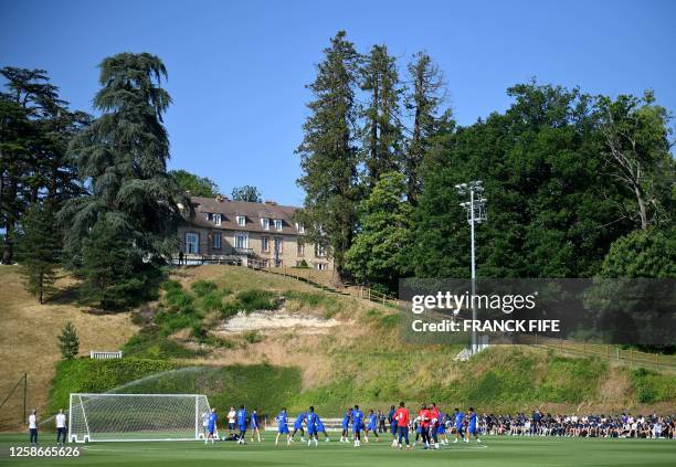 France's players attend a training session in Clairefontaine-en-Yvelines on June 13 as part of the team's preparations for the upcoming UEFA Euro...