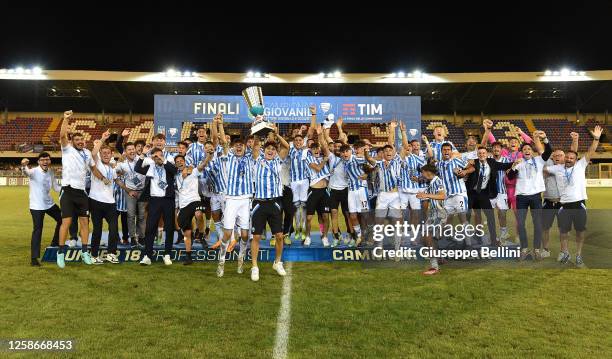 Players of Spal celebrate the victory after the Serie A e B U18 Final match between Spal and FC Internazionale at Stadio Riviera delle Palme on June...